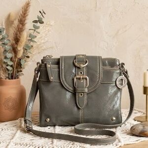 Nine West Gray Faux Leather Crossbody Bag Buckle Detail Multi-Pocket Boho Purse